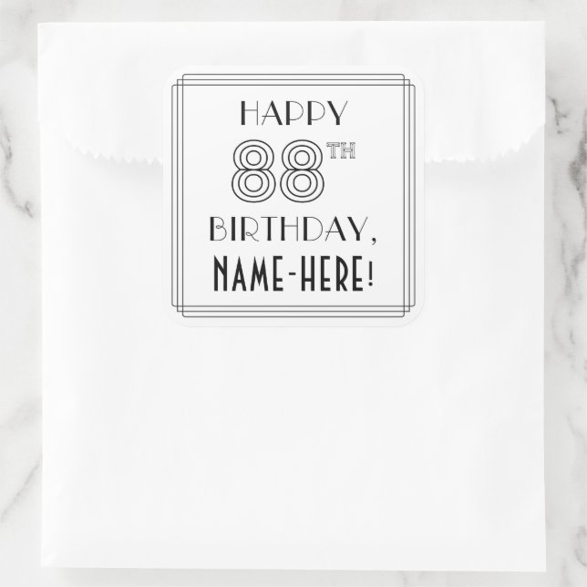 HAPPY 88TH BIRTHDAY, Art Deco Style, Custom Name Square Sticker (Bag)