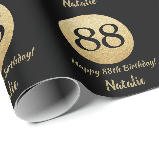 Happy 88th Birthday Black and Gold Glitter Wrapping Paper (Roll Corner)