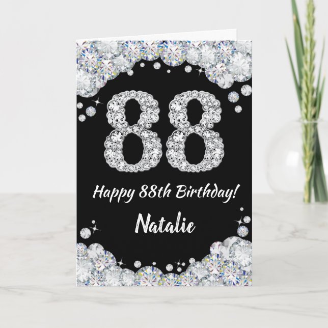 Happy 88th Birthday Black and Silver Glitter Card (Front)
