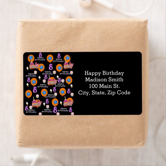 Happy 8th Birthday Address Labels, Black (Insitu)