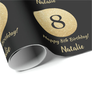 Happy 8th Birthday Black and Gold Glitter Wrapping Paper