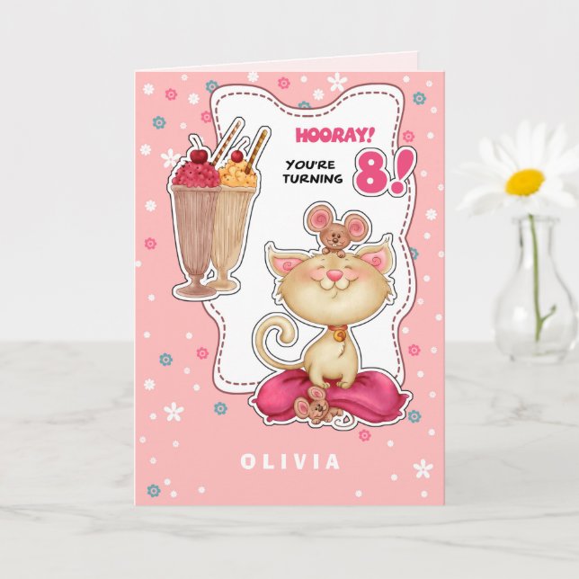 Happy 8th Birthday. Custom Name Fun Kitty and Mice Card (Small Plant)