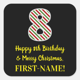 Happy 8th Birthday & Merry Christmas, Custom Name Square Sticker