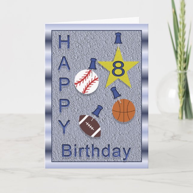 Happy 8th Birthday Sports Themed Card (Front)