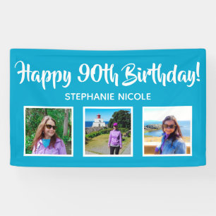Happy 90th Birthday Aqua Blue Personalised Photos Banner