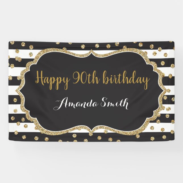 Happy 90th Birthday Banner. Gold Glitter Confetti Banner (Horizontal)