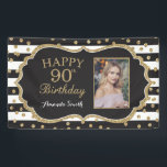 Happy 90th Birthday Banner. Gold Glitter Photo Banner<br><div class="desc">Happy 90th Birthday Banner for women or man. Black and Gold Birthday Party Banner. Gold Glitter Confetti. Black and White Stripes. Printable Digital. For further customisation,  please click the "Customise it" button and use our design tool to modify this template.</div>