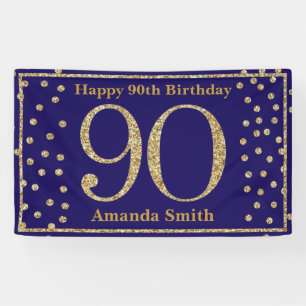 Happy 90th Birthday Banner Navy Blue Gold Glitter