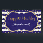 Happy 90th Birthday Banner. Navy Blue Gold Glitter Banner<br><div class="desc">Happy 90th Birthday Banner for women or man. Navy Blue and Gold Birthday Party Banner. Gold Glitter Confetti. Black and White Stripes. Printable Digital. For further customization,  please click the "Customize it" button and use our design tool to modify this template.</div>
