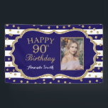 Happy 90th Birthday Banner Navy Blue Gold Photo<br><div class="desc">Happy 90th Birthday Banner for women or man. Navy Blue and Gold Birthday Party Banner. Gold Glitter Confetti. Black and White Stripes. Printable Digital. For further customization,  please click the "Customize it" button and use our design tool to modify this template.</div>