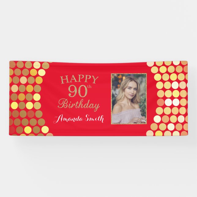 Happy 90th Birthday Banner Red and Gold Photo (Horizontal)