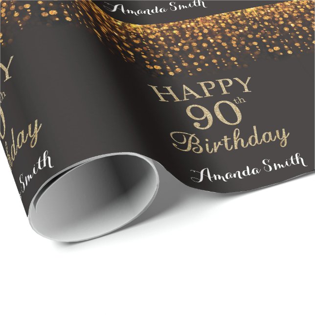 Happy 90th Birthday Black and Gold Glitter Wrapping Paper (Roll Corner)