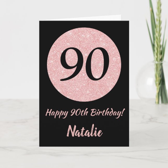 Happy 90th Birthday Black and Rose Pink Gold Card (Front)