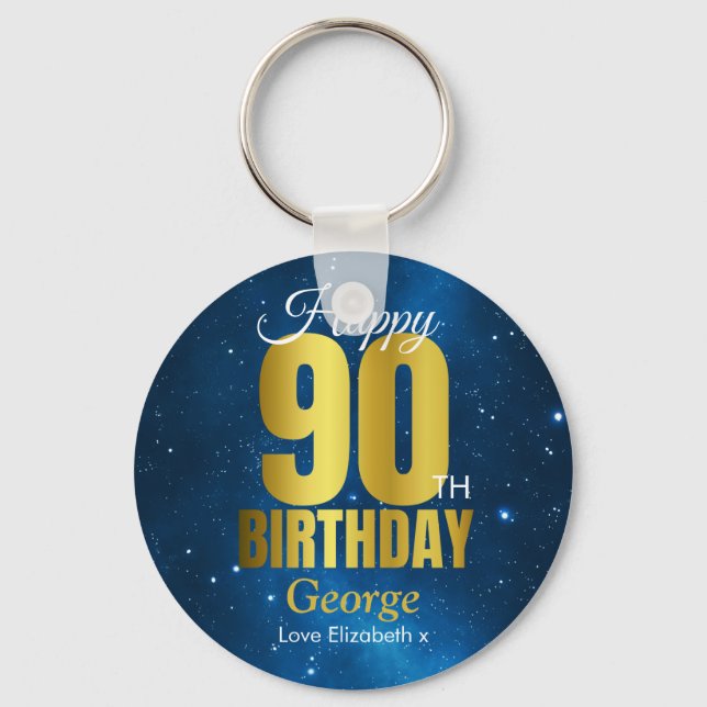 Happy 90th Birthday Blue Gold Key Ring (Front)