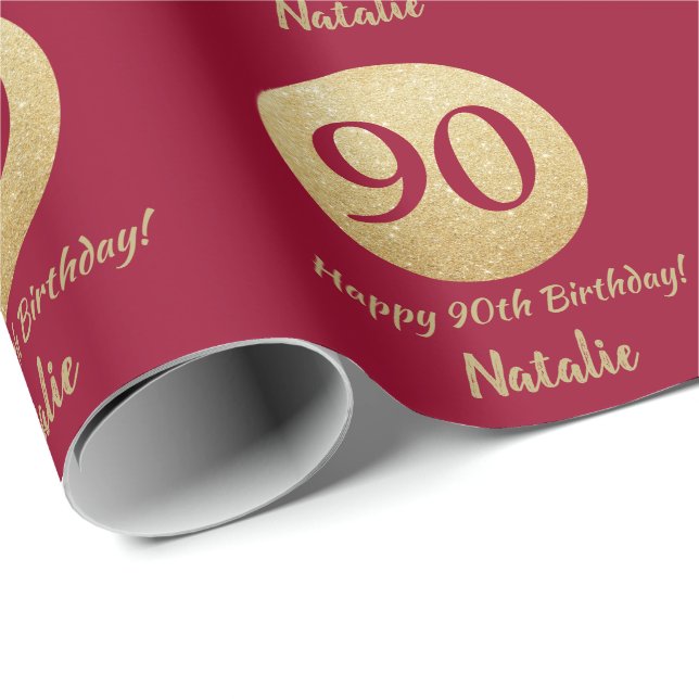 Happy 90th Birthday Burgundy Red and Gold Glitter Wrapping Paper (Roll Corner)