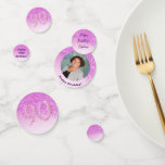 Happy 90th Birthday Chic Falling Pink Glitter Confetti<br><div class="desc">Glamourous Falling Pink Glitter with pink gradient,  shiny stars and photo.
Great for a fun 90th Birthday Party.</div>