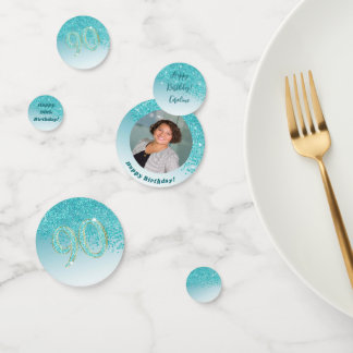 Happy 90th Birthday Chic Teal Blue Glitter Confetti