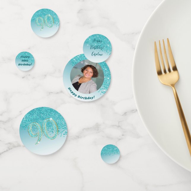 Happy 90th Birthday Chic Teal Blue Glitter Confetti (Group)