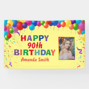 Happy 90th Birthday Colorful Balloons Yellow Banner