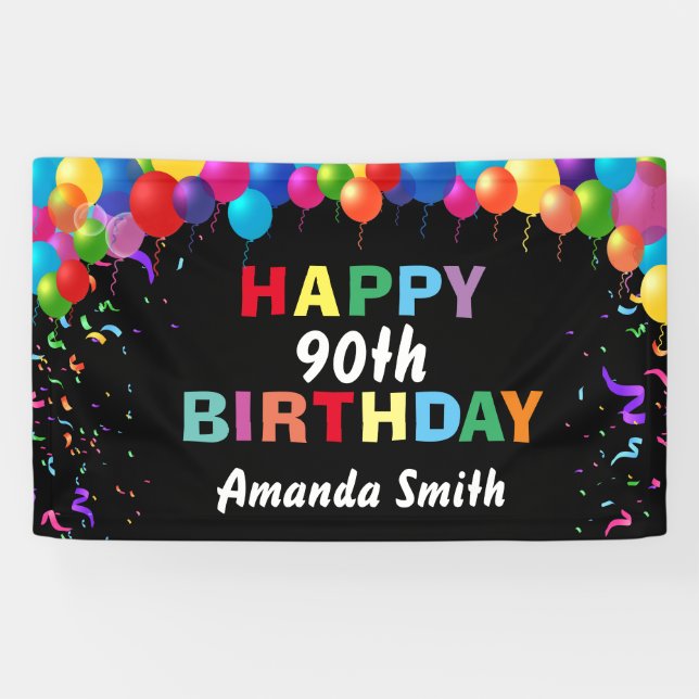 Happy 90th Birthday Colourful Balloons Confetti Banner (Horizontal)