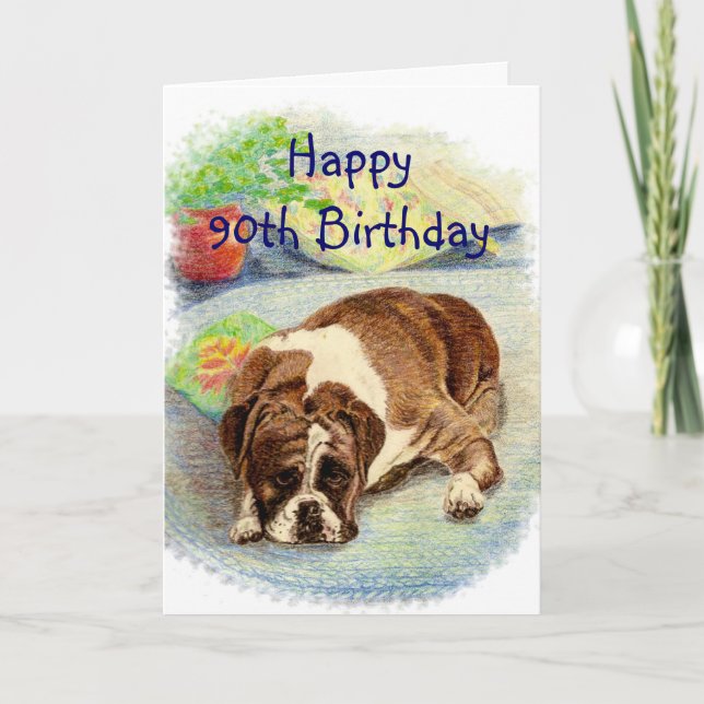 Happy 90th Birthday  Get Excited Humour Boxer Dog Card (Front)