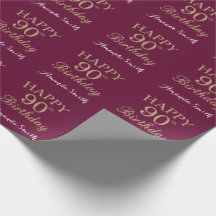 Happy 90th Birthday Gold Glitter and Burgundy Red Wrapping Paper