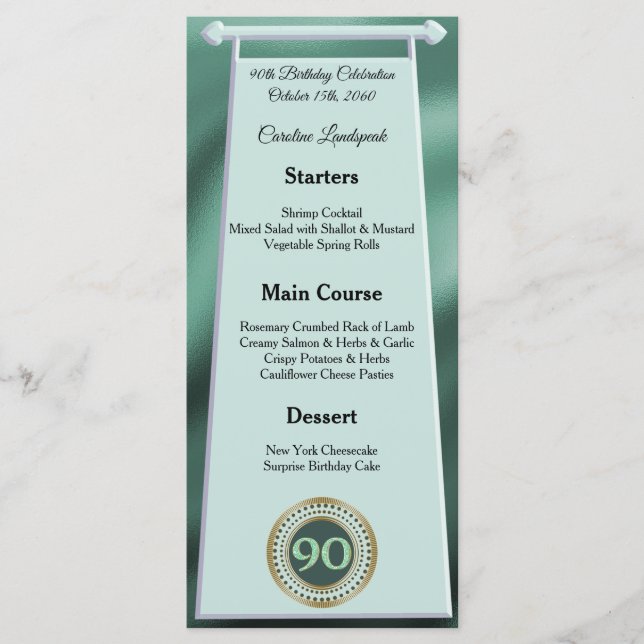 Happy 90th Birthday Green Glitter Foil Menu (Front)