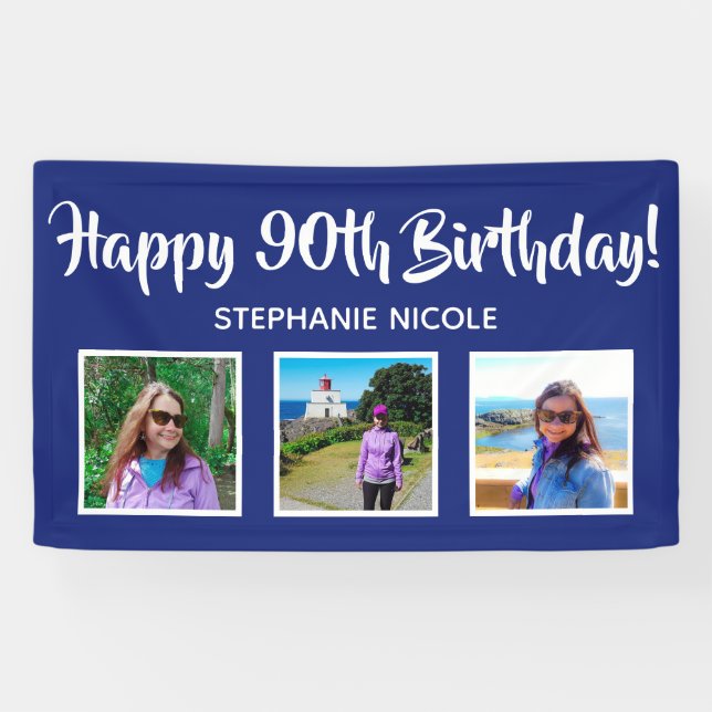 Happy 90th Birthday Navy Blue Personalised Photos Banner (Horizontal)