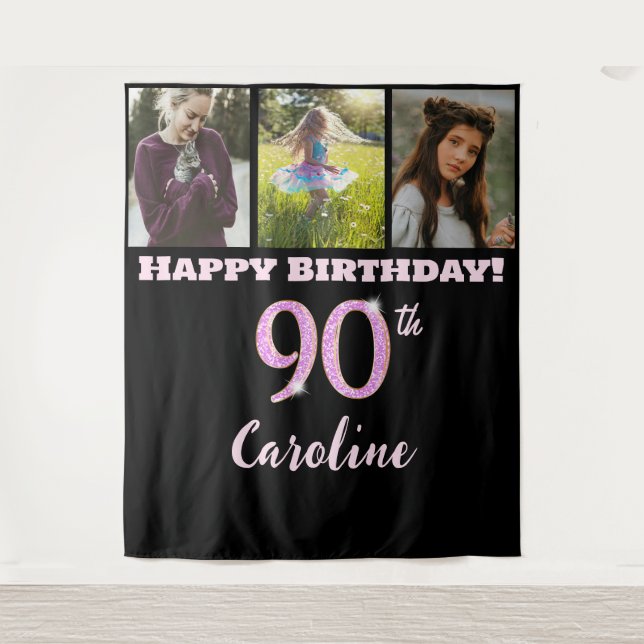 Happy 90th Birthday Party, Pink Glitter & 3 photos Tapestry (Front)