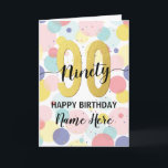 Happy 90th Birthday Pastel Rainbow Gold Woman Card<br><div class="desc">Fun,  cheerful,  elegant and colourful design birthday card. 
Firework in bright rainbow colours. Faux gold big number.
Get this cheerful card to celebrate your friend or family!</div>