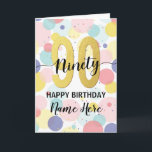 Happy 90th Birthday Pastel Rainbow Gold Woman Card<br><div class="desc">Fun,  cheerful,  elegant and colourful design birthday card. 
Firework in bright rainbow colours. Faux gold big number.
Get this cheerful card to celebrate your friend or family!</div>