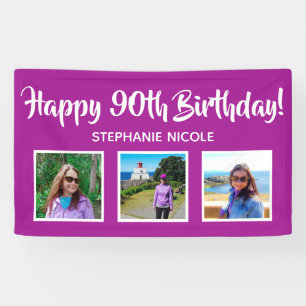 Happy 90th Birthday Pink Personalised 3 Photos Banner