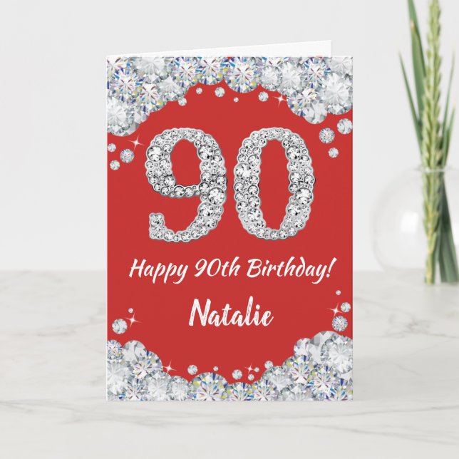 Happy 90th Birthday Red and Silver Glitter Card (Front)