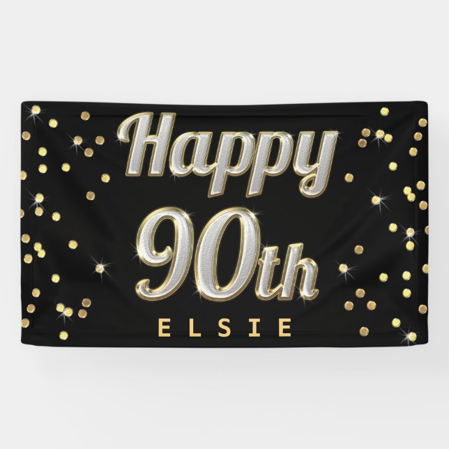 Happy 90th Bling Typography Gold Confetti Black Banner (Horizontal)