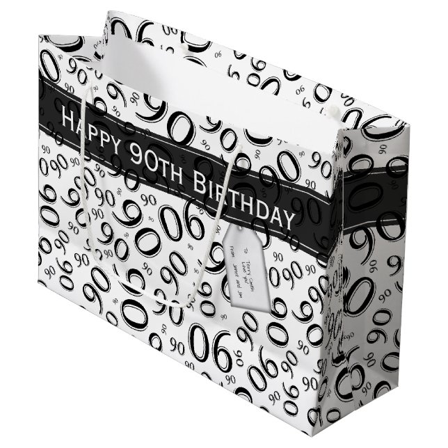Happy 90th Random Number Pattern Black/White Large Gift Bag (Front Angled)