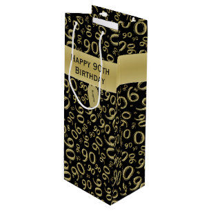 Happy 90th Random Number Pattern Gold/Black Wine Gift Bag