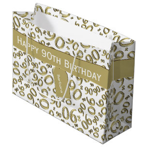 Happy 90th Random Number Pattern Gold/White Large Gift Bag