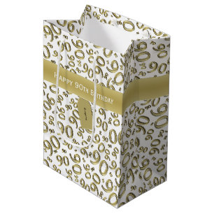 Happy 90th Random Number Pattern Gold/White Medium Gift Bag