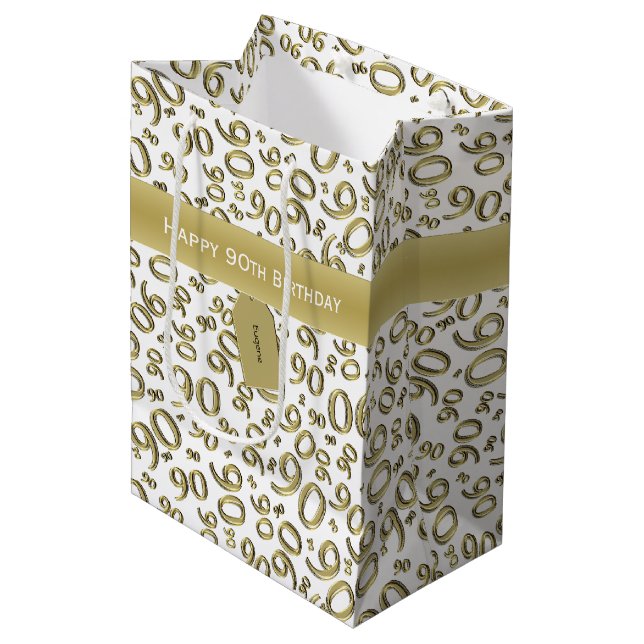 Happy 90th Random Number Pattern Gold/White Medium Gift Bag (Front Angled)