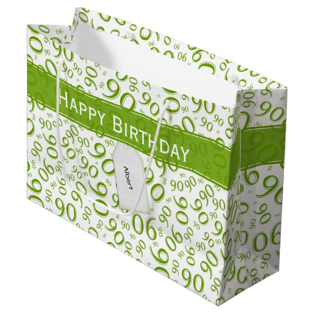 Happy 90th Random Number Pattern Green/White Large Gift Bag (Front Angled)