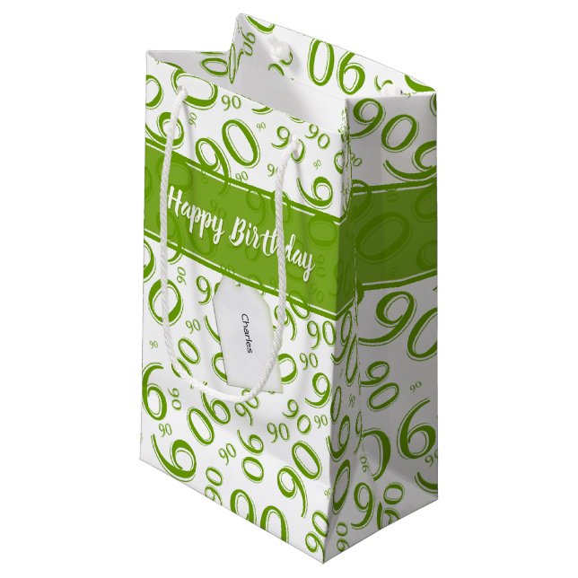Happy 90th Random Number Pattern Green/White Small Gift Bag (Front Angled)
