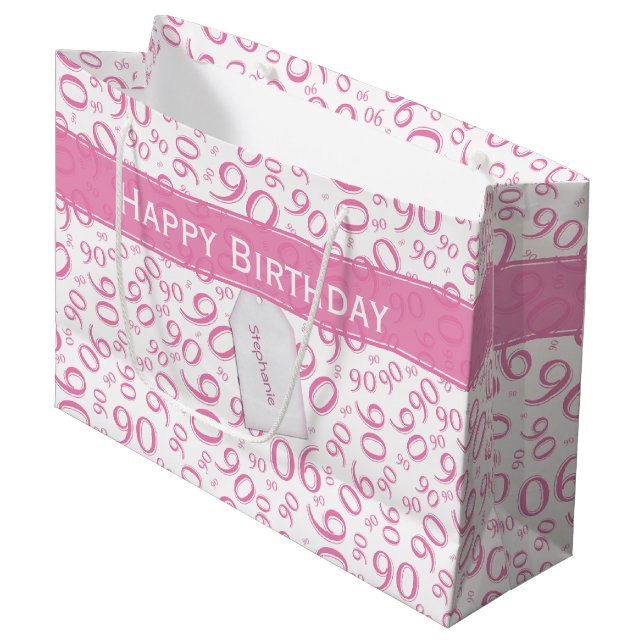 Happy 90th Random Number Pattern Pink/White Large Gift Bag (Front Angled)