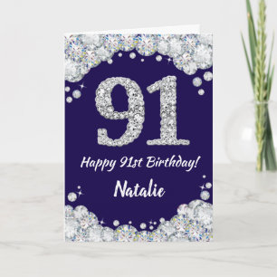 Happy 91st Birthday Navy Blue and Silver Glitter Card