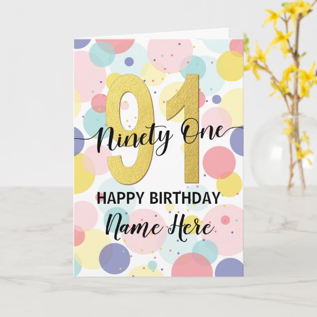 Happy 91st Birthday Pastel Rainbow and Gold Girl Card (Yellow Flower)