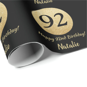 Happy 92nd Birthday Black and Gold Glitter Wrapping Paper