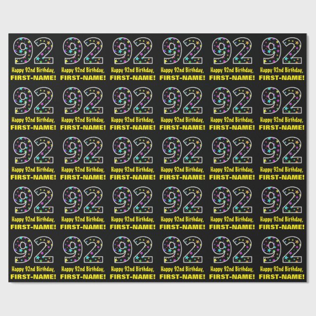 Happy 92nd Birthday, Fun Colourful Stars Pattern 9 Wrapping Paper (Flat)
