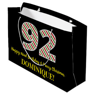 Happy 92nd Birthday & Merry Christmas, Custom Name Large Gift Bag