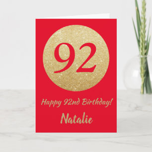 Happy 92nd Birthday Red and Gold Glitter Card