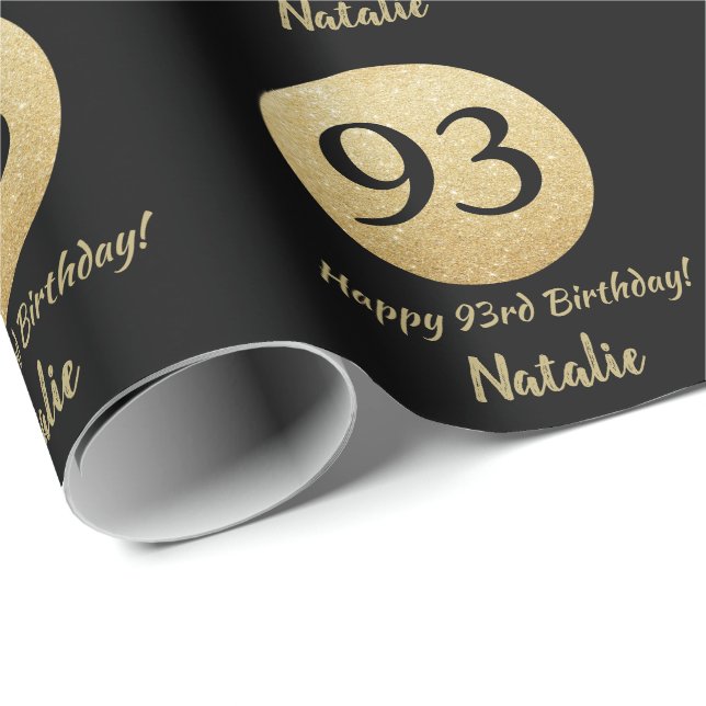 Happy 93rd Birthday Black and Gold Glitter Wrapping Paper (Roll Corner)