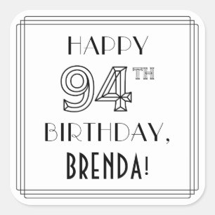HAPPY 94TH BIRTHDAY, Art Deco Style, Custom Name Square Sticker